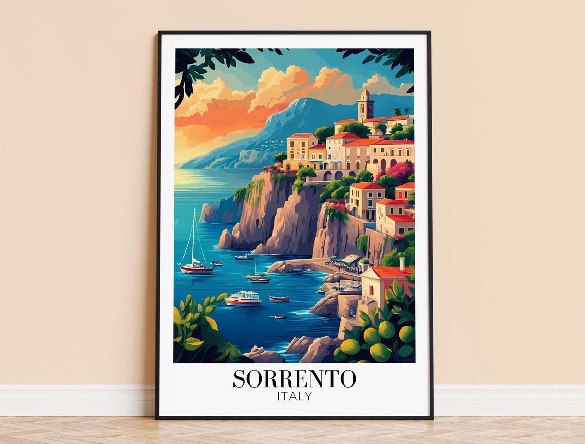 Sorrento Italy Cliffside Sailboats Sunset Sea Coast Travel Poster