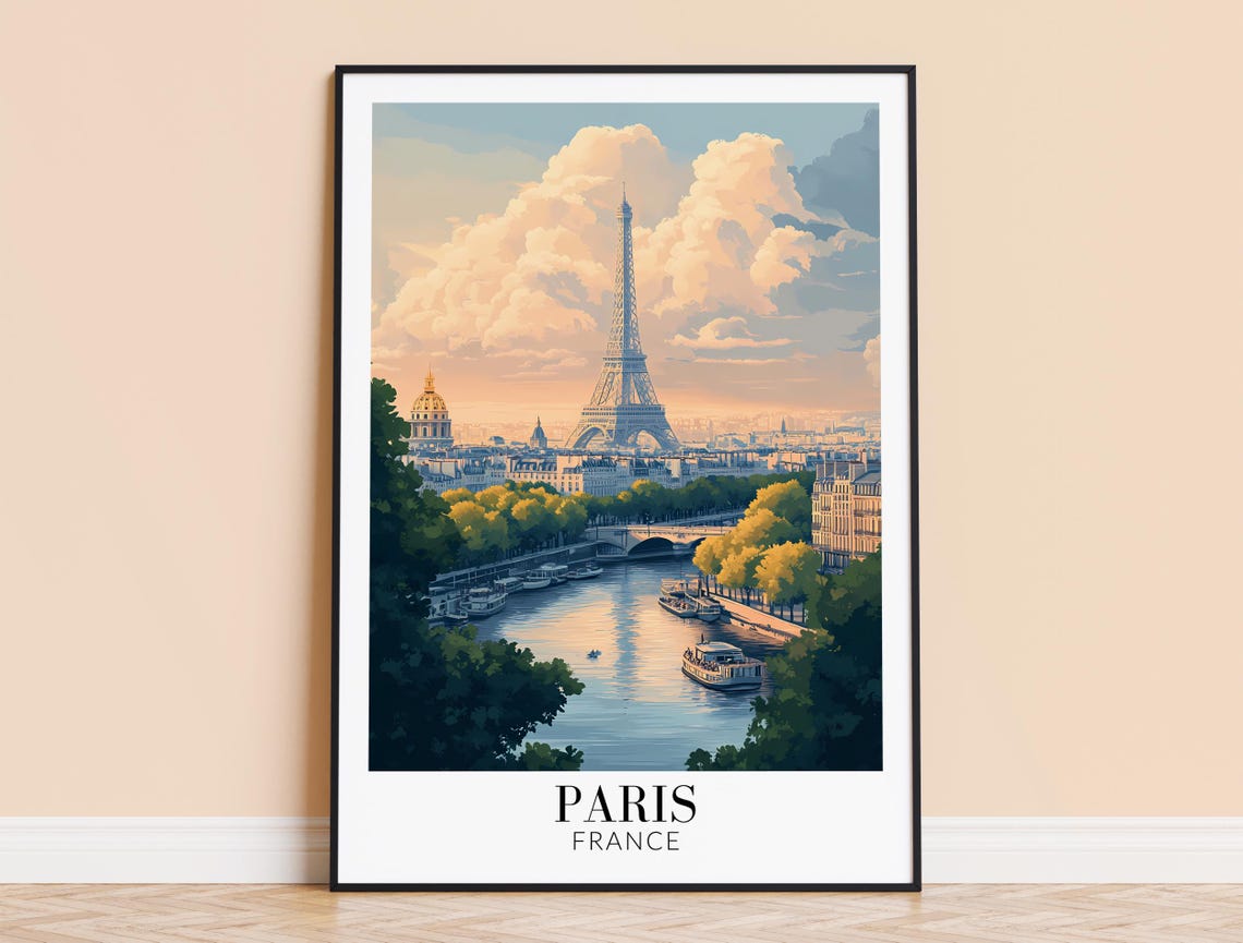 Paris Eiffel Tower Over the Seine and Les Invalides Art Poster
