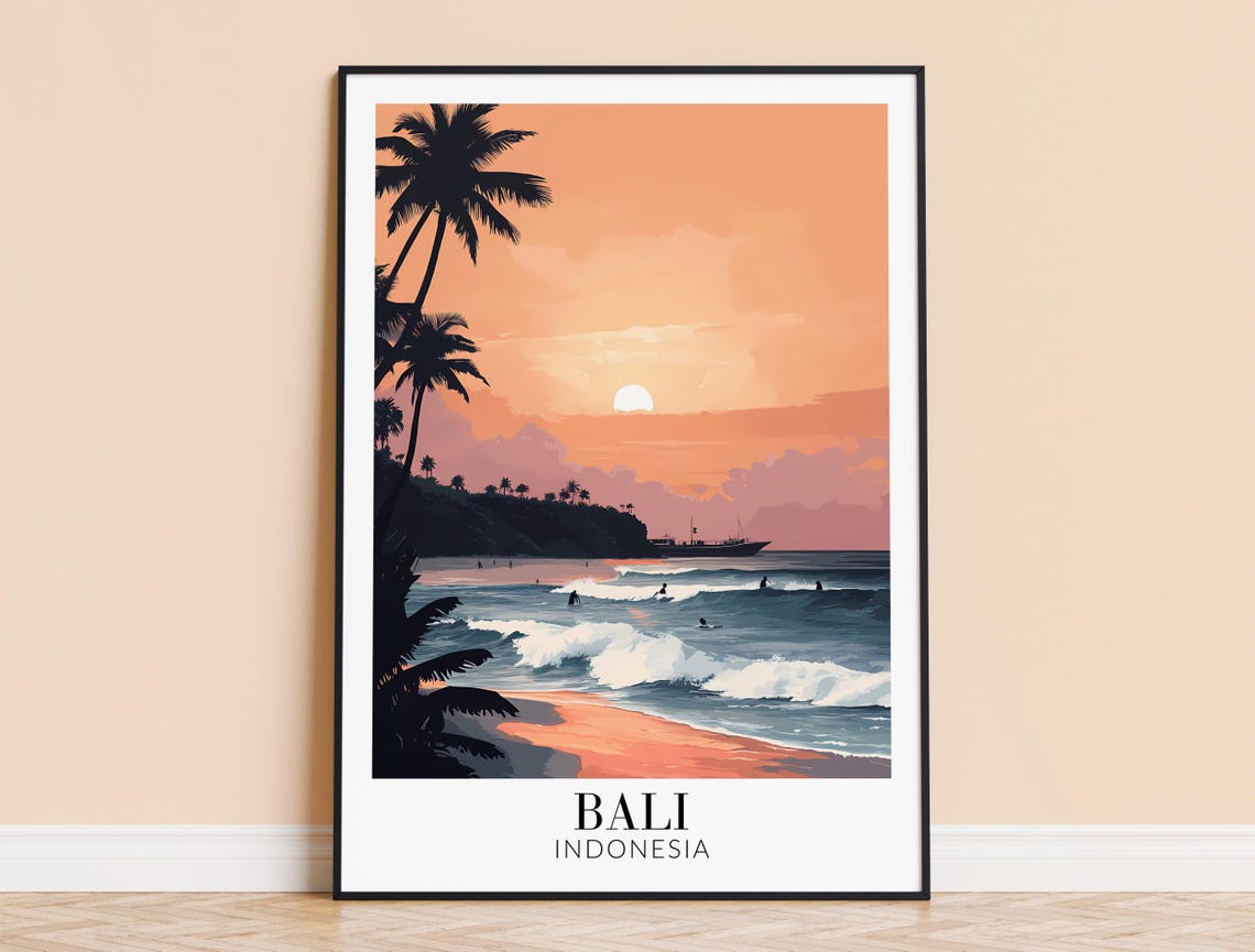 Bali Sunset Surf Beach Palm Silhouettes Waves Indonesia Poster