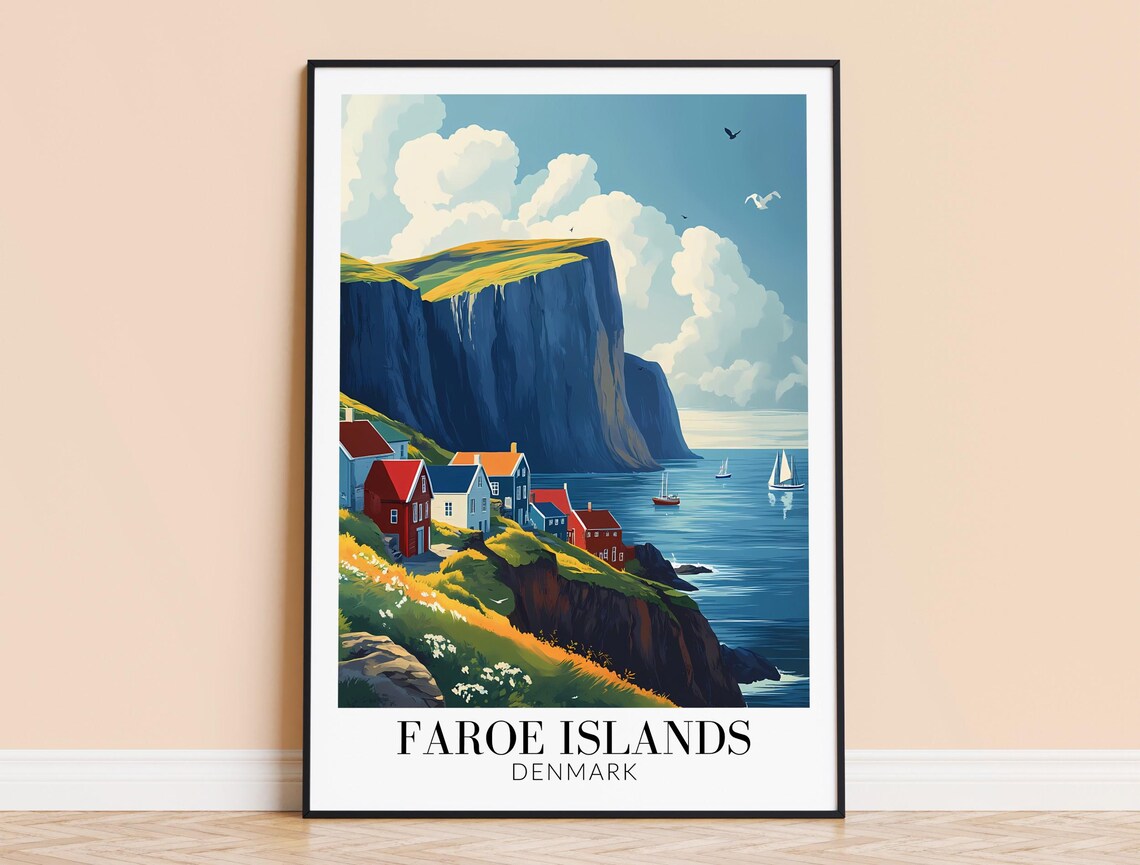 Faroe Islands Denmark Cliffside Village Coastal Scene Travel Poster