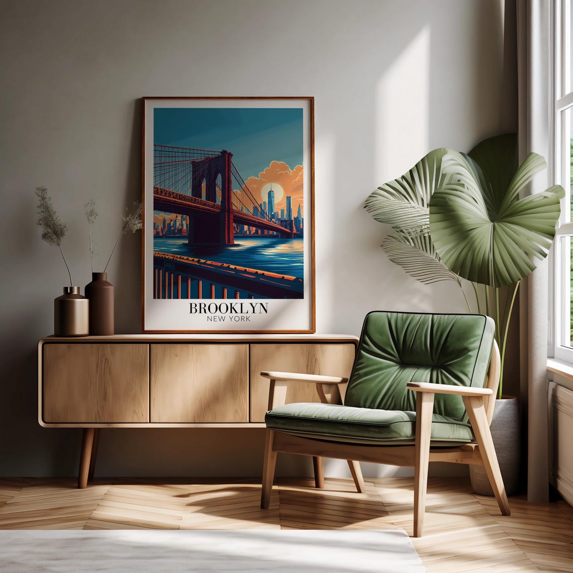 New York Brooklyn Bridge Sunset River Skyline View Travel Poster - Image 2