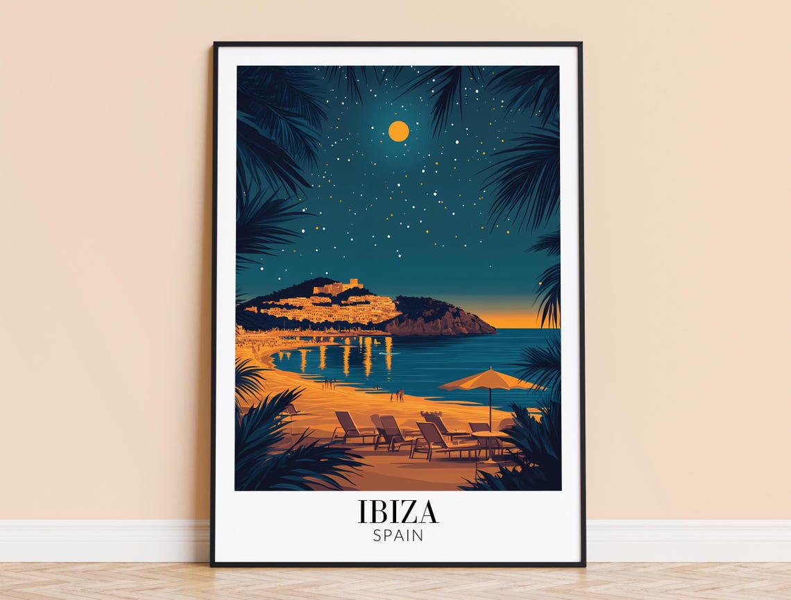 Starlit Ibiza Spain Night Beach Palm Tree Silhouette Art Poster