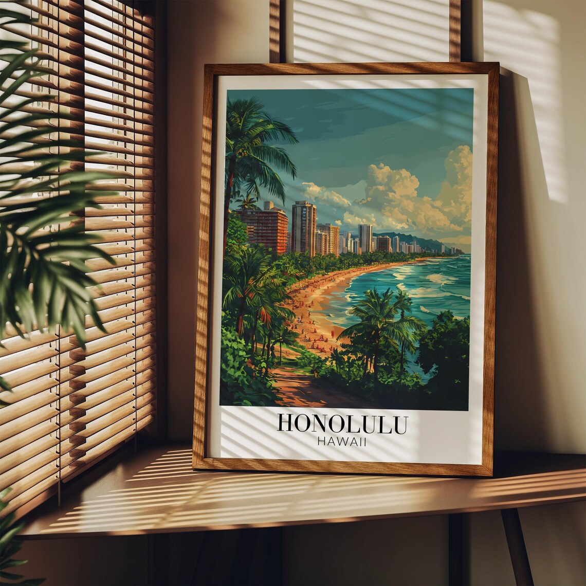 Honolulu Hawaii Waikiki Beach Poster with Palm Trees and Skyline View - Image 4