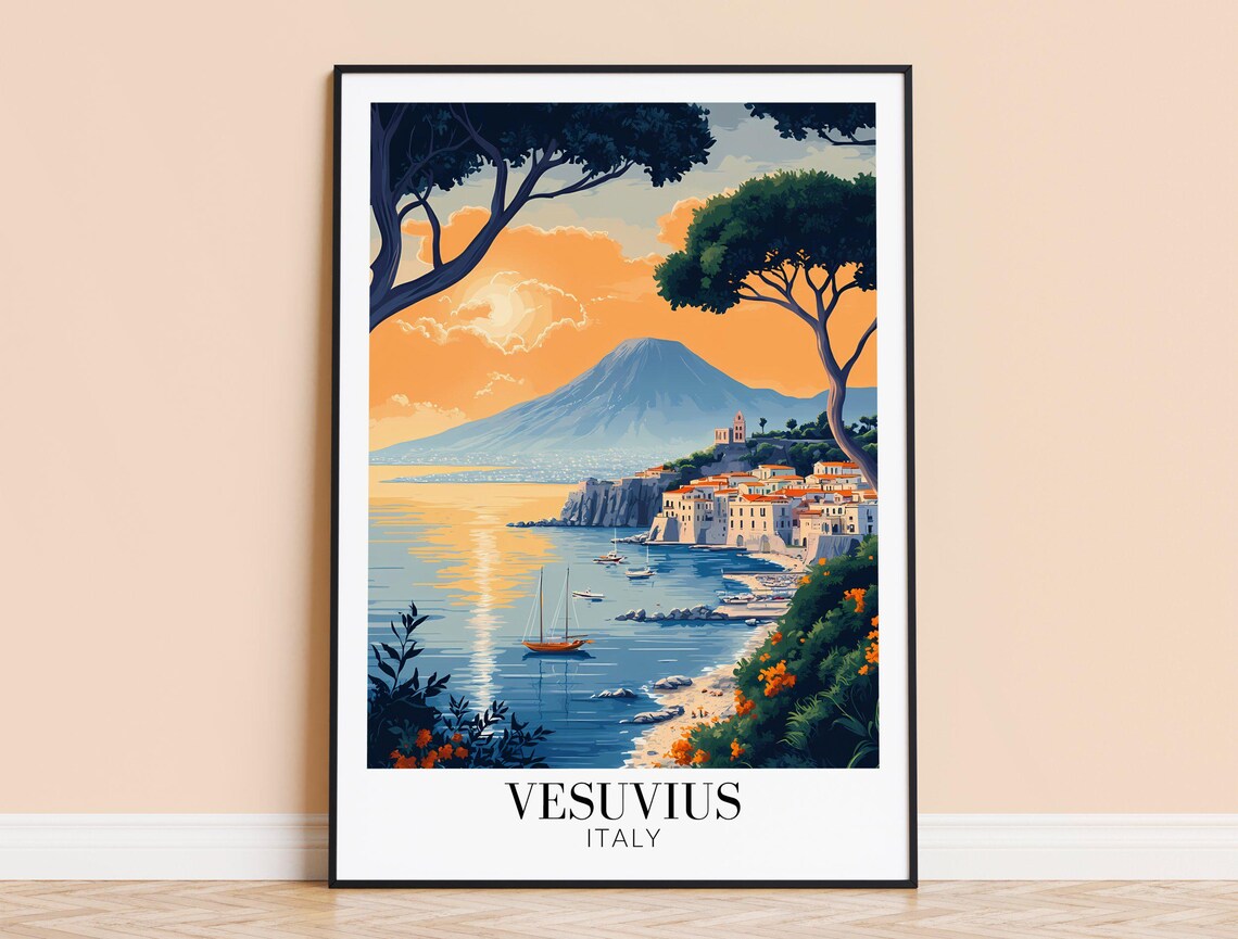 Mount Vesuvius Italy Sunset Bay of Naples Coastal Travel Poster