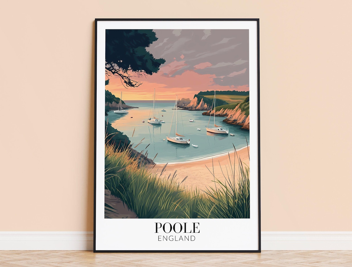 Poole England Sheltered Cove Sailboats At Sunset Travel Poster