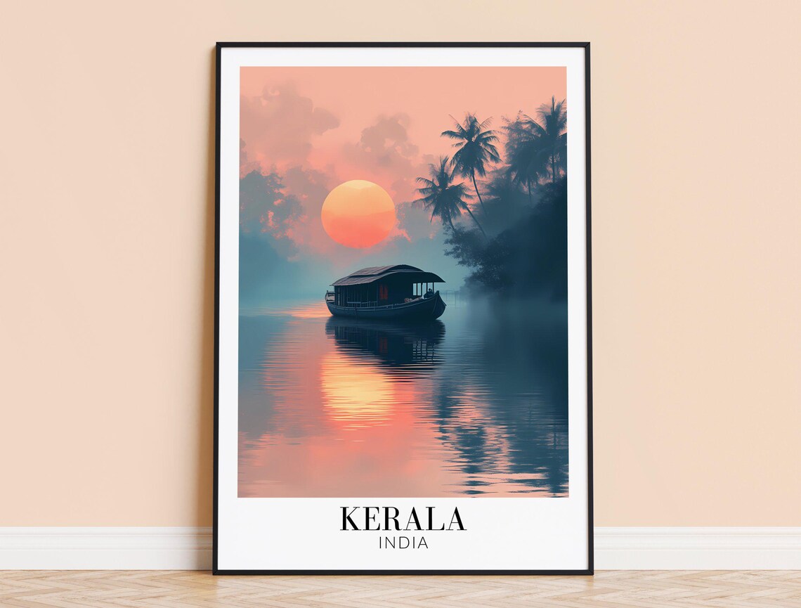 Kerala India Sunset Backwater Houseboat Reflection Travel Poster