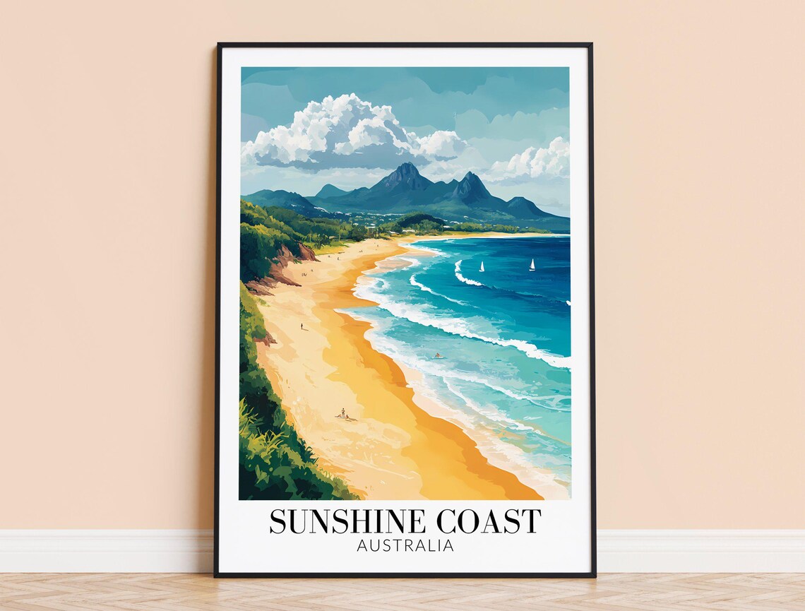 Sunshine Coast Australia Tropical Golden Beach Waves Travel Poster