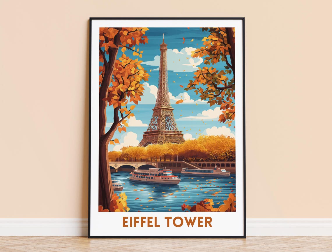 Eiffel Tower Autumn Leaves Seine River Cruise Paris Travel Poster