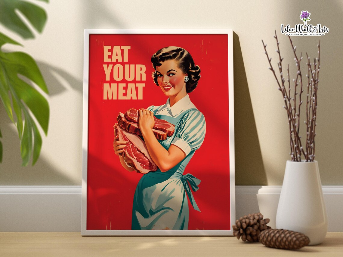 Eat Your Meat Retro Woman Kitchen Art Print - Image 3