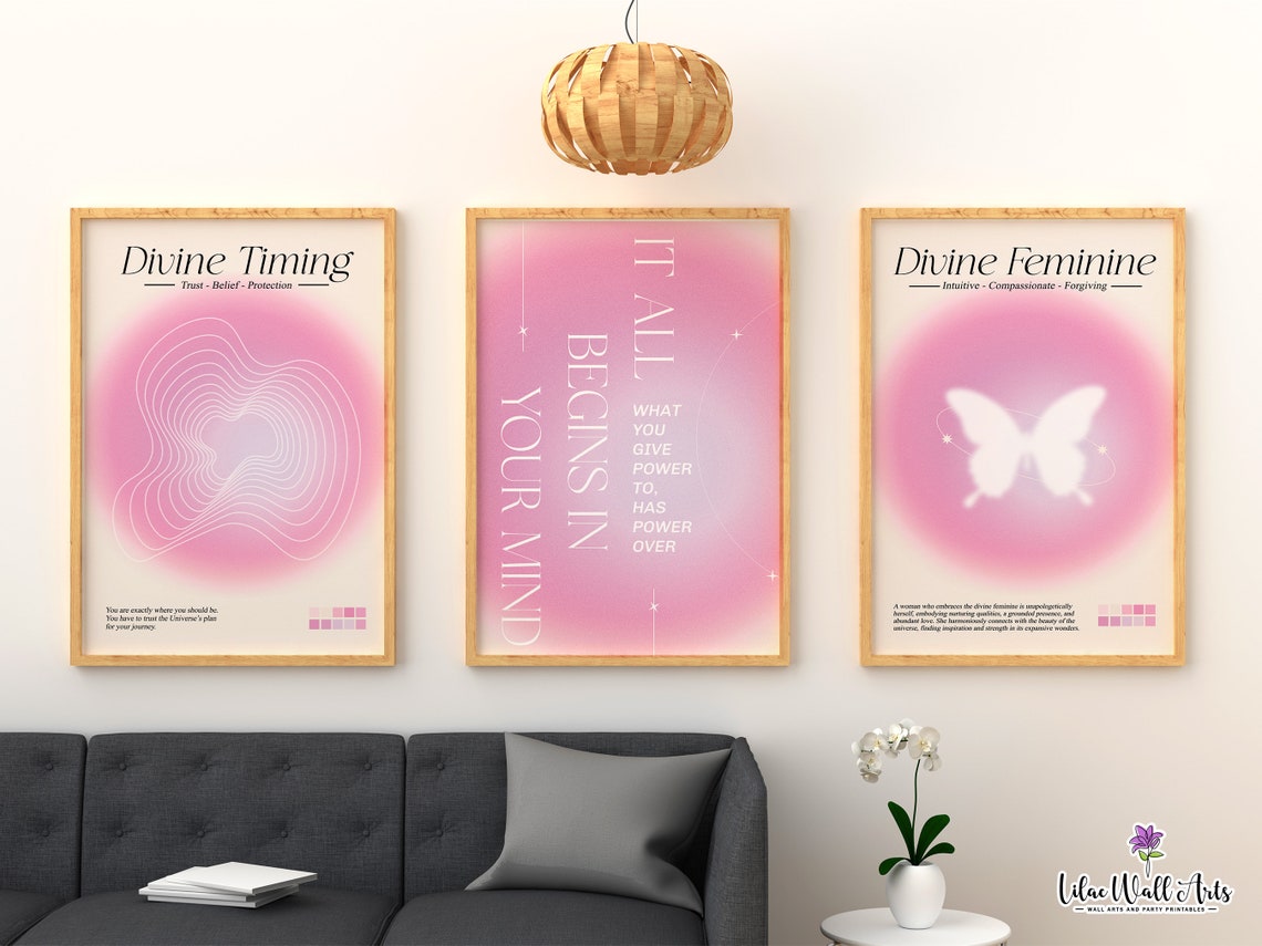 Divine Timing Pink Aura Triptych Set Feminine Energy Wall Poster - Image 5