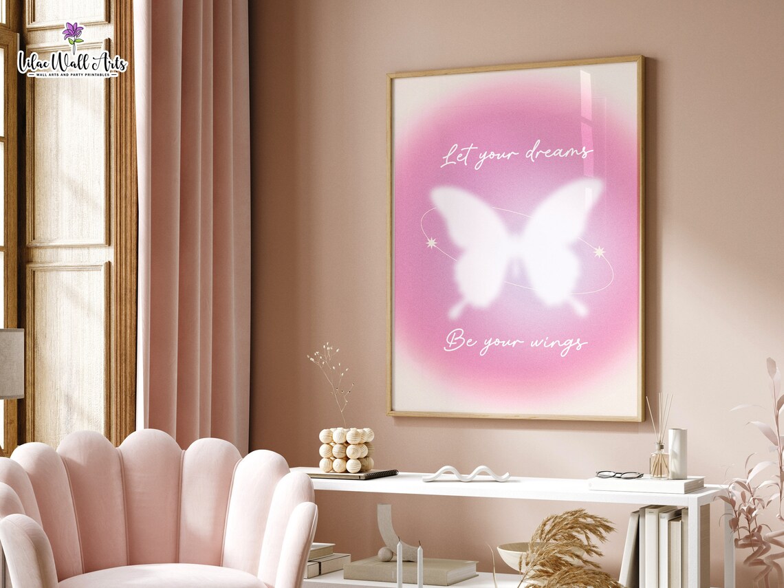 Let Your Dreams Be Your Wings Pink Aura Butterfly Quote Wall Art - Image 4