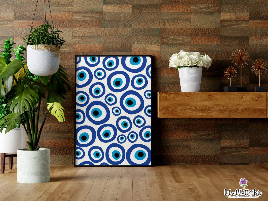 Evil Eye Pattern Repeating Blue Nazar Eyes Cream Background Poster - Image 2