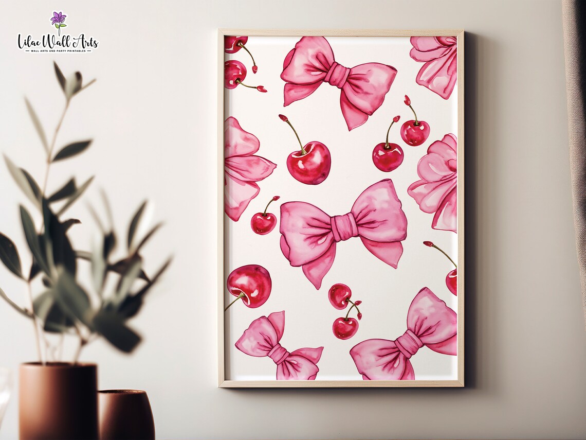 Pink Bow Cherry Pattern Watercolor Coquette Room Decor Poster - Image 6