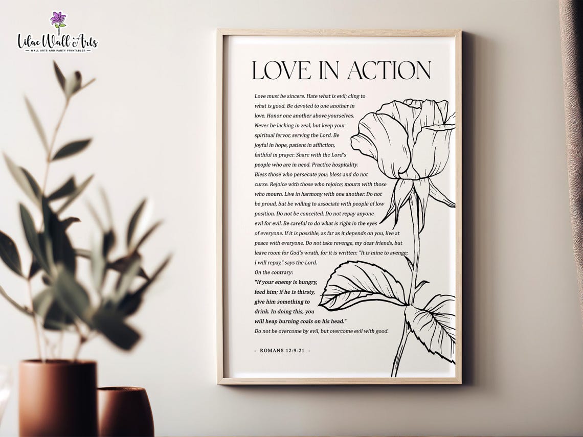 Love In Action Romans 12:9-21 Rose Botanical Line Art Scripture Poster