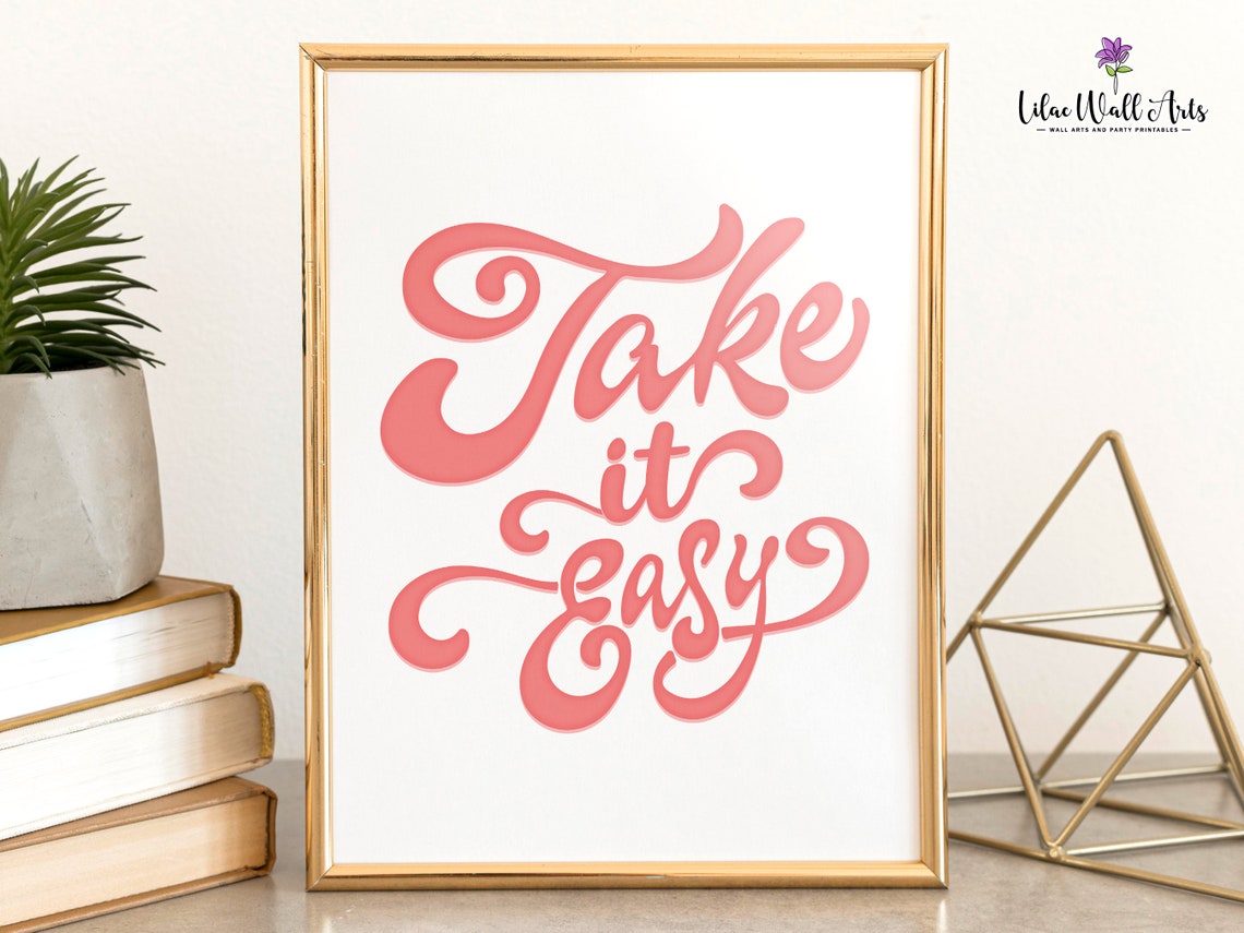Take It Easy Retro Coral Script Inspirational Quote Wall Art - Image 4