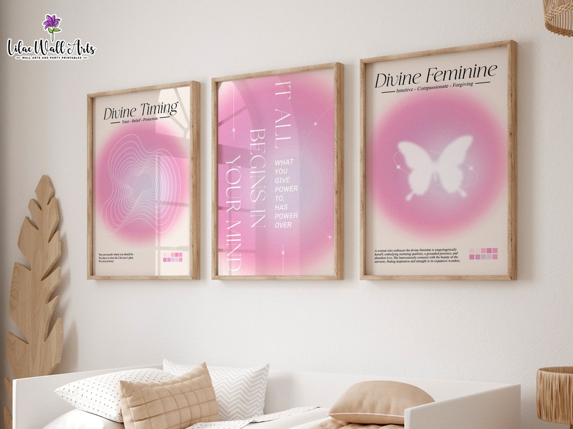 Divine Timing Pink Aura Triptych Set Feminine Energy Wall Poster