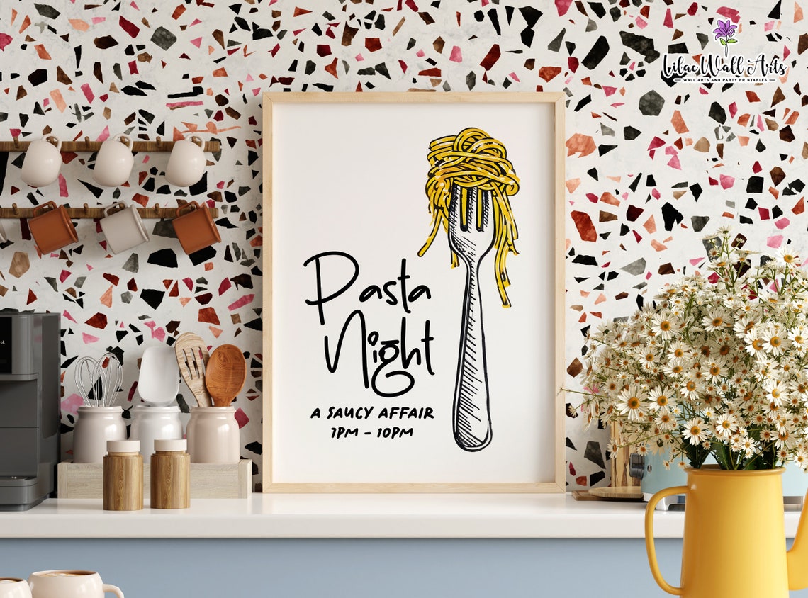 Pasta Night A Saucy Affair Funny Kitchen Poster Fork Spaghetti Decor - Image 2