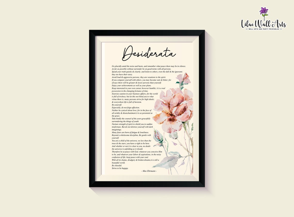 Desiderata Poem Max Ehrmann Pink Floral Watercolor Gift Poster - Image 2
