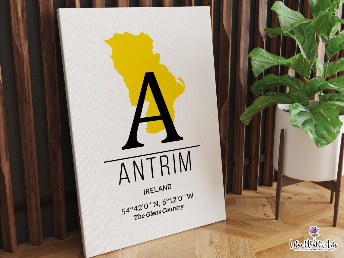 Antrim Ireland County Map Initial A Yellow Coordinate Art Print