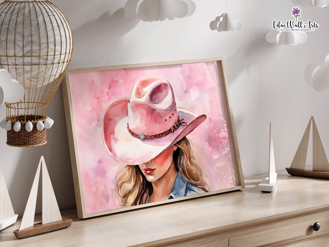 Pink Cowgirl Watercolor Portrait Western Boho Hat Girl Poster