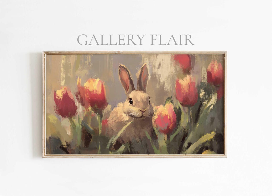 Bunny Among Red Tulips Impressionist Spring Painting Wall Art