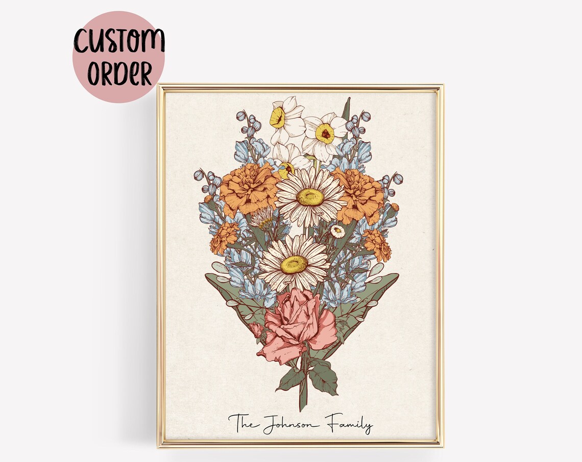 Personalized Family Vintage Birth Flower Bouquet Custom Art Poster