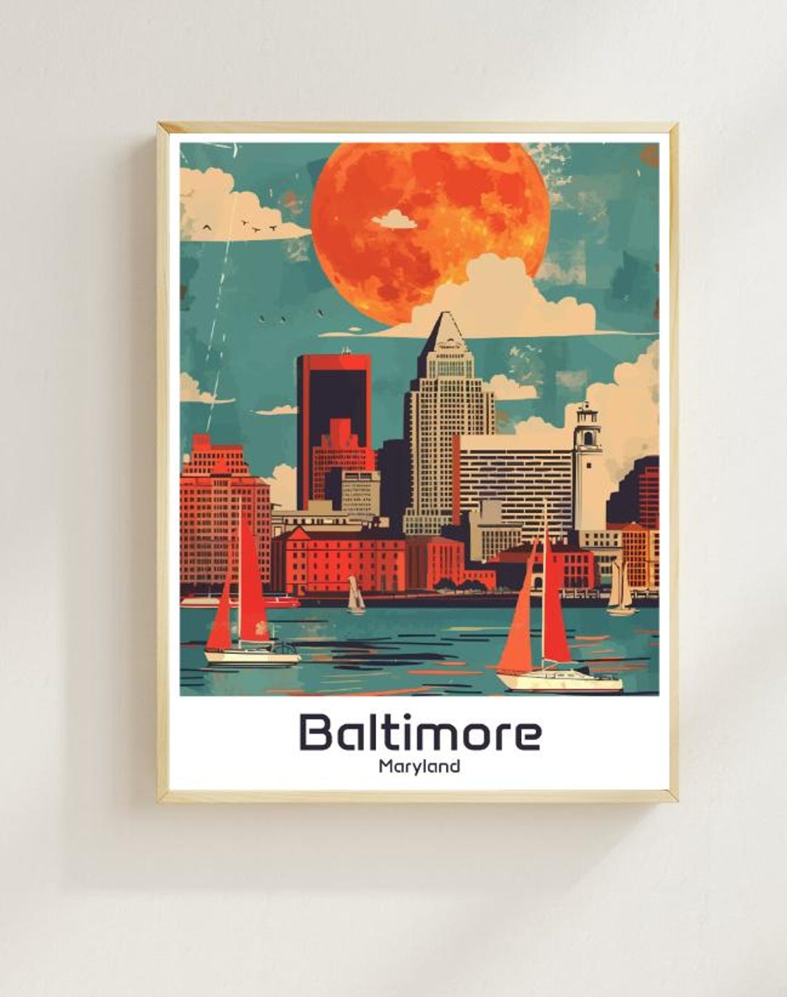 Baltimore Maryland Inner Harbour Skyline with Red Sails Poster