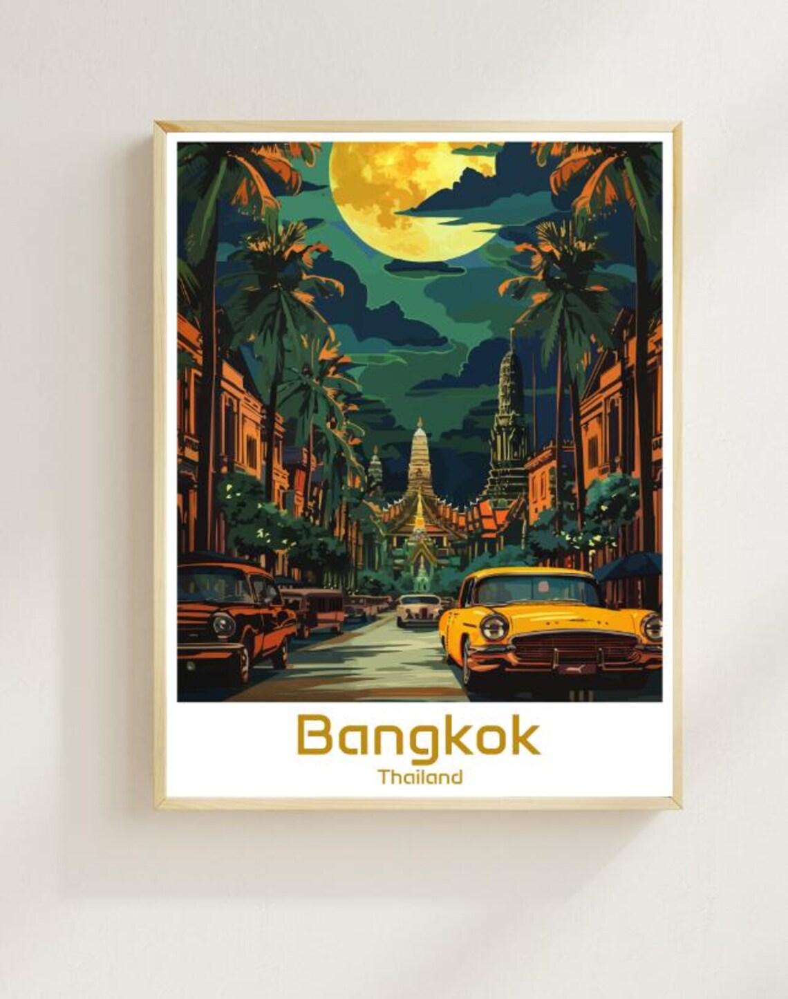 Bangkok Thailand Moonlit Temple Street Night Vintage Travel Poster