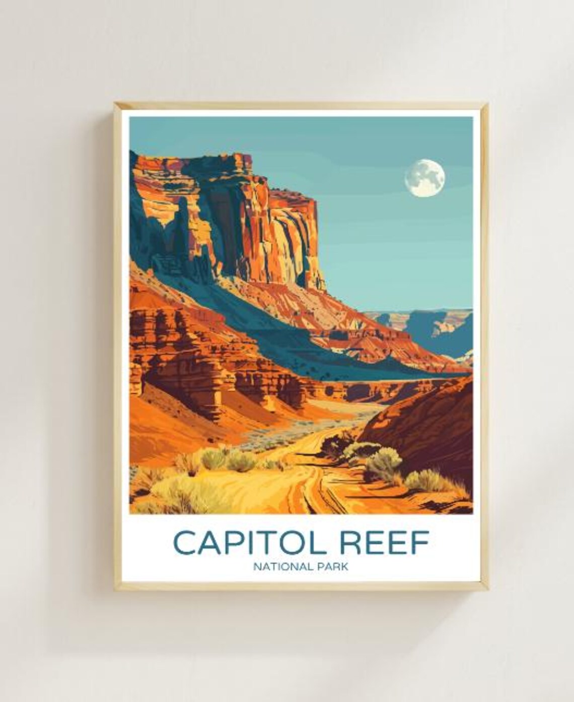 Capitol Reef National Park Red Rock Cliffs and Moon Travel Poster