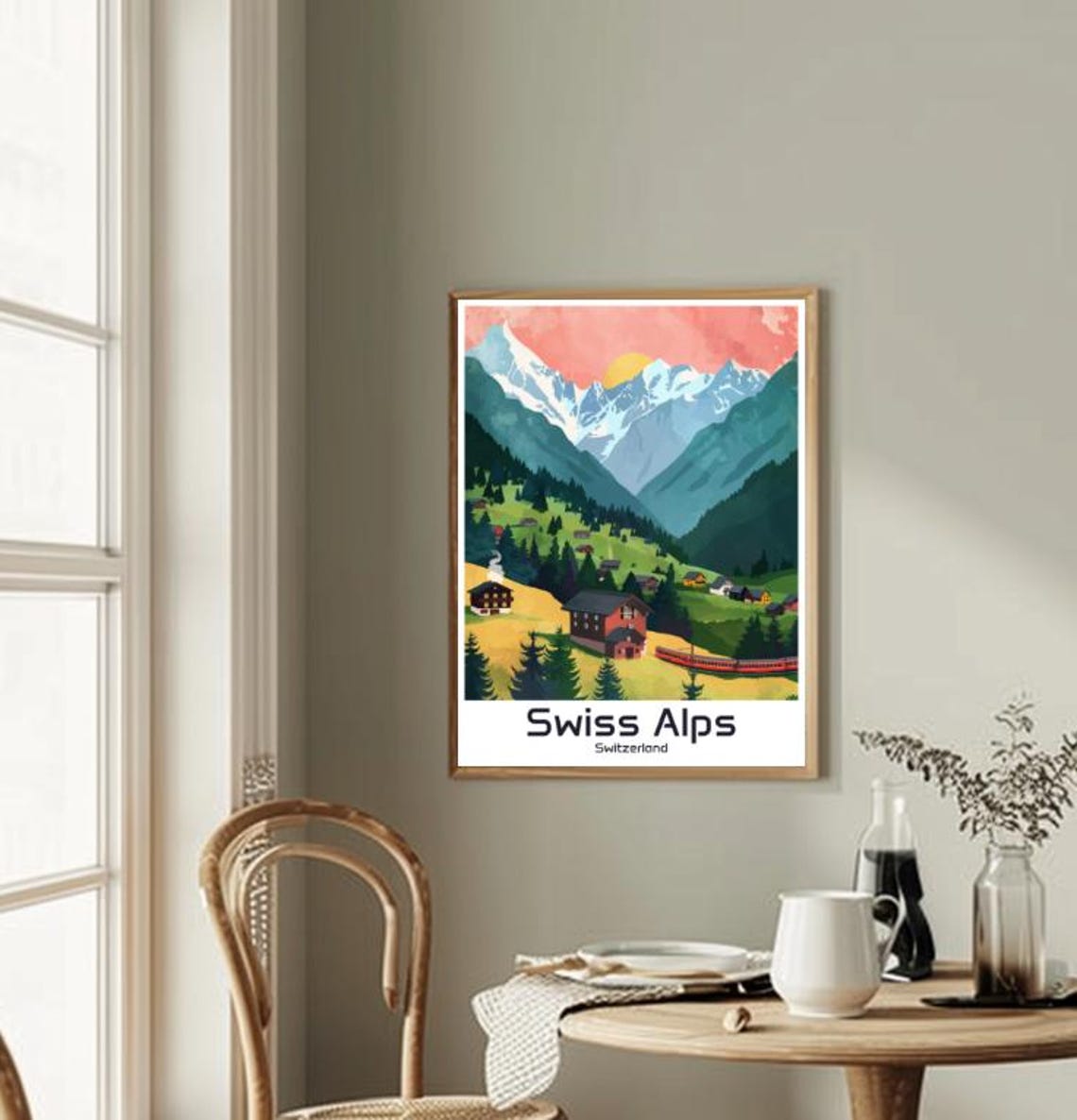 Swiss Alps Switzerland Summer Valley Chalets Red Train Poster - Image 2