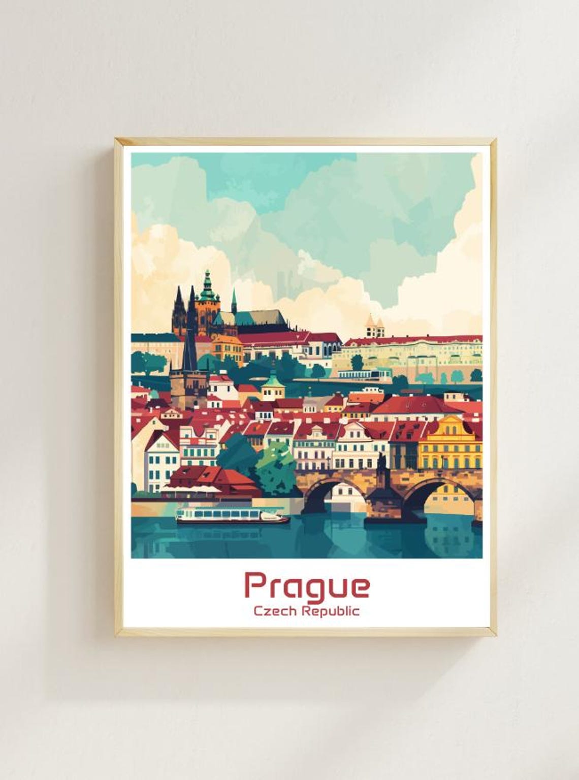 Prague Czech Republic Castle and Charles Bridge Vintage Travel Poster