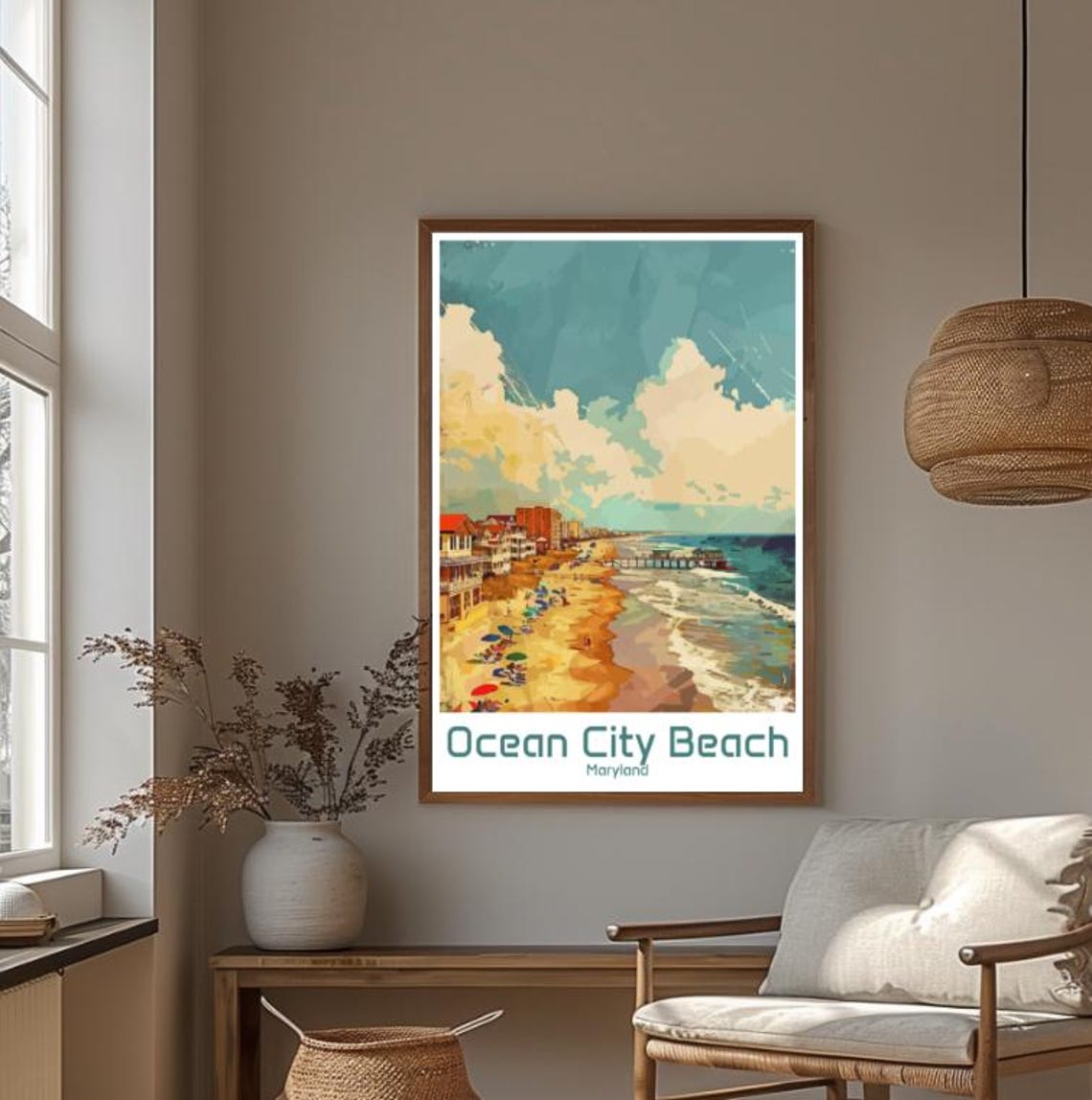 Ocean City Beach Maryland Vintage Beachfront Illustration Poster - Image 4