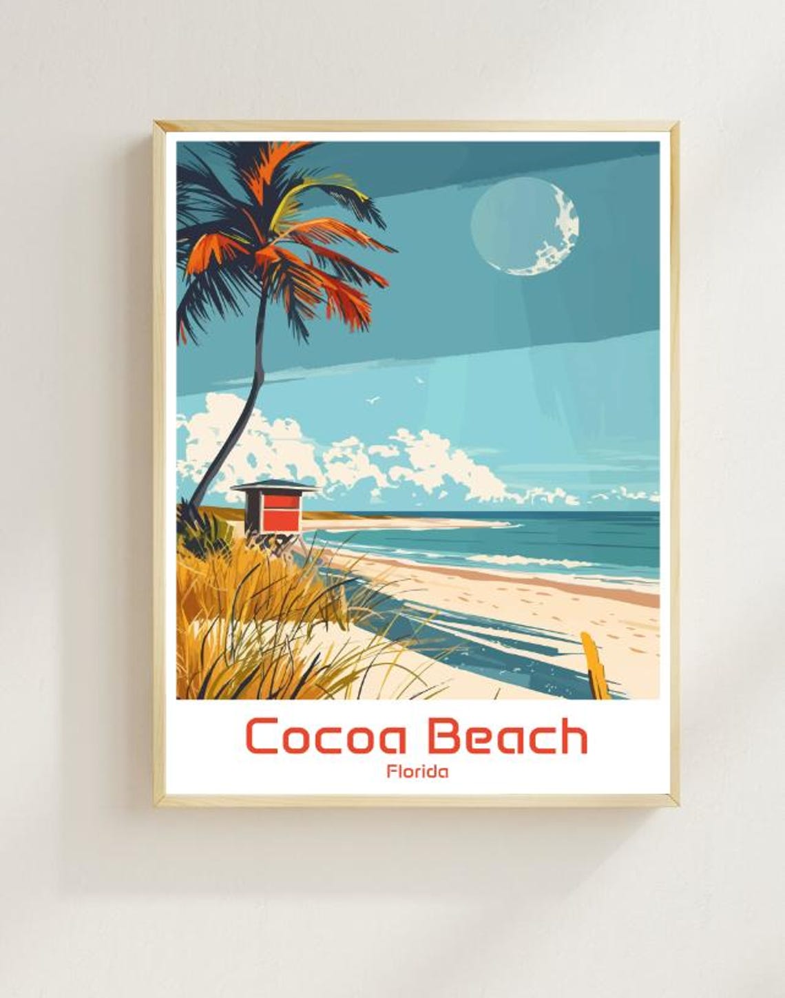Cocoa Beach Florida Palm Lifeguard Stand Retro Travel Poster