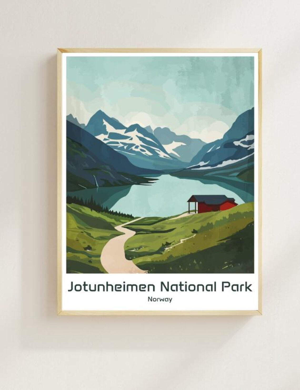 Jotunheimen National Park Norway Alpine Lake Red Cabin Poster