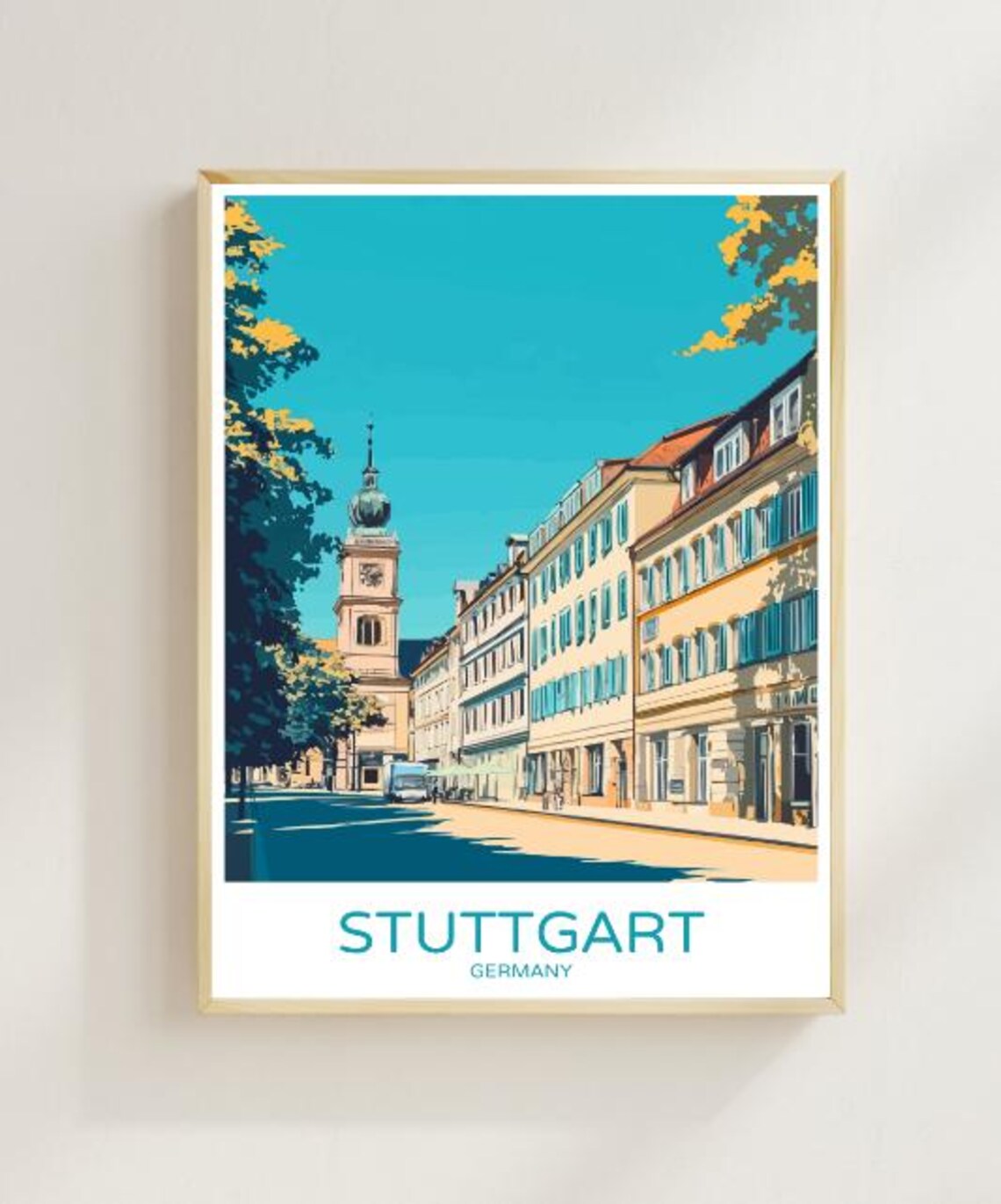 Stuttgart Germany Historic Street Church Tower City Art Poster