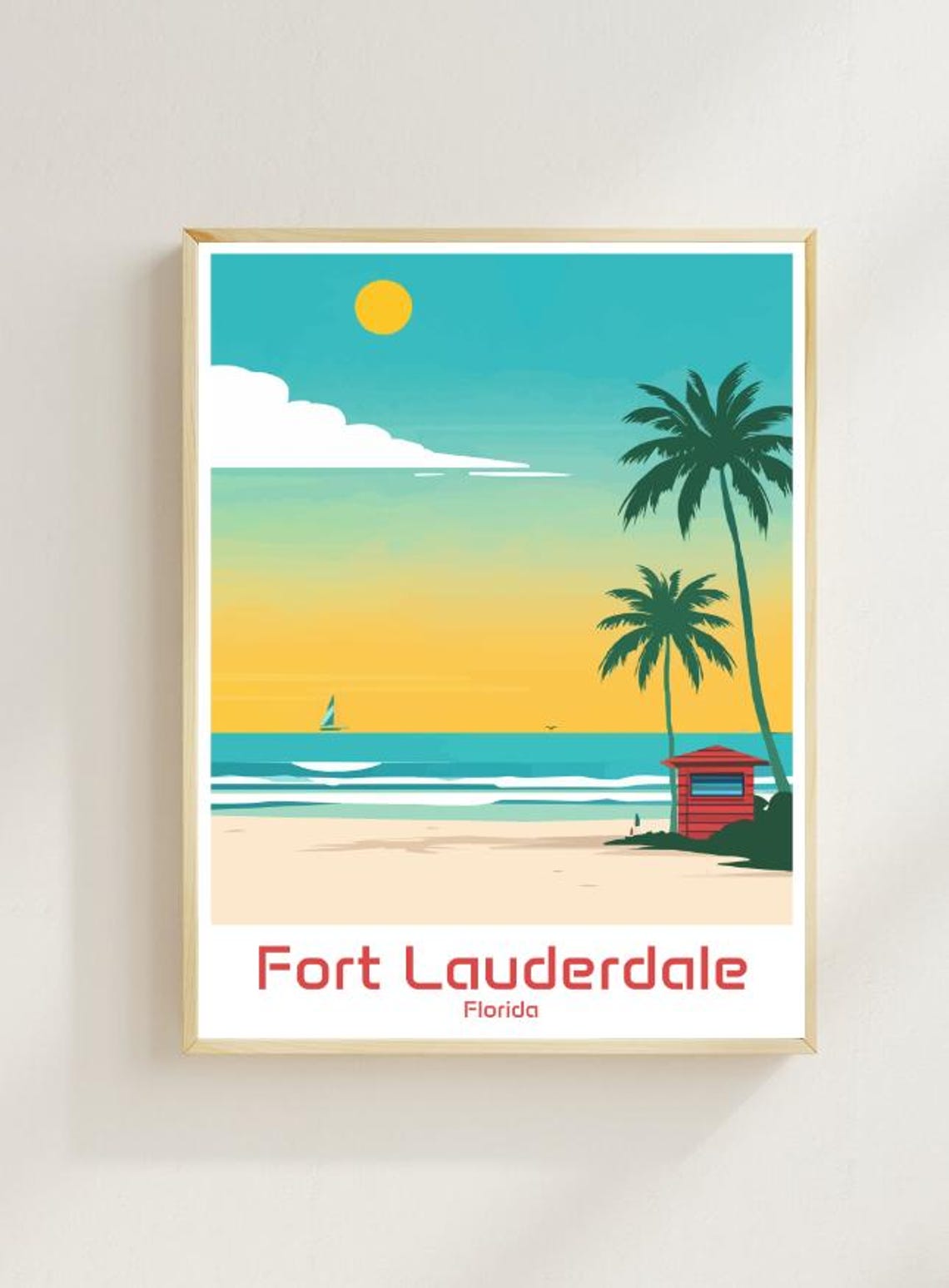Fort Lauderdale Florida Sunny Beach Palm Tree Retro Art Poster