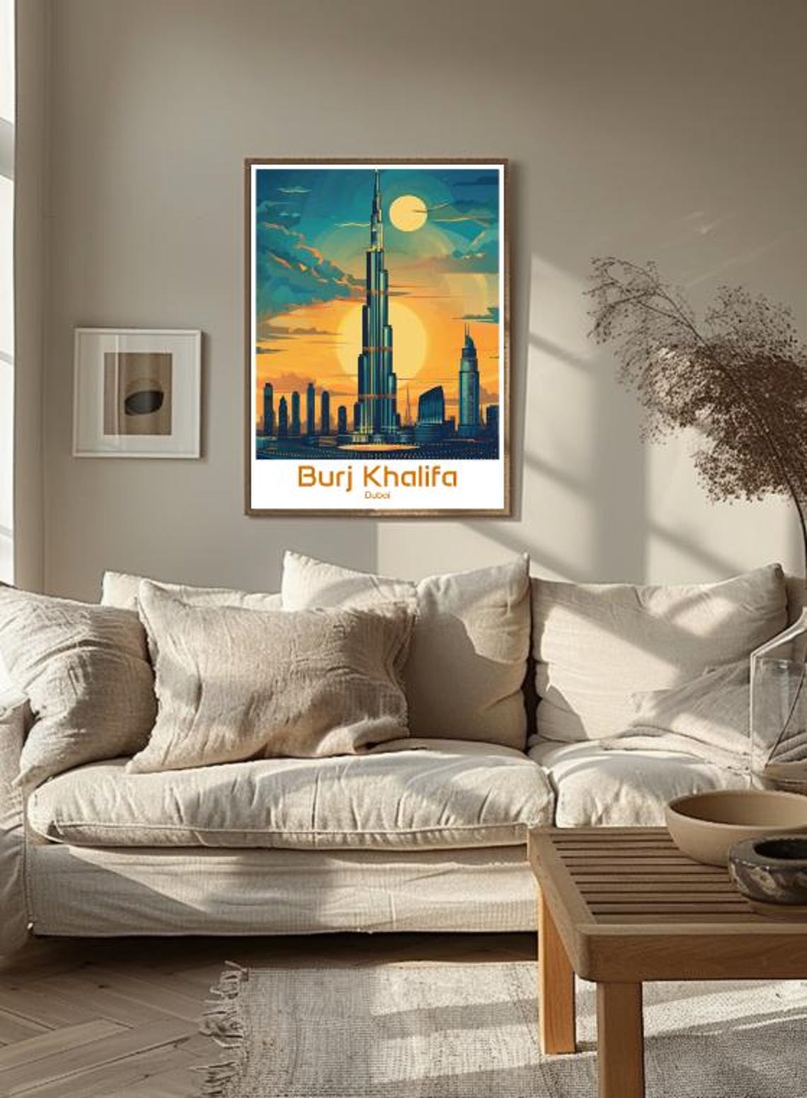Burj Khalifa Dubai Skyline Glowing Under Golden Sunset Moon Poster - Image 3