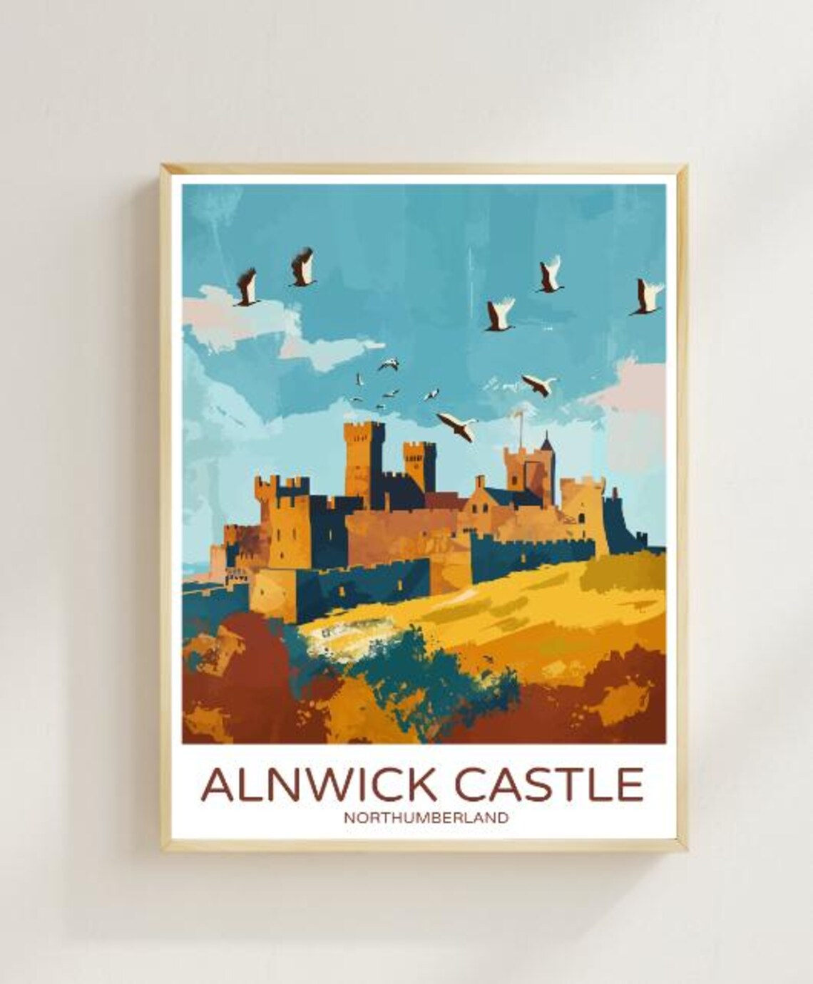 Alnwick Castle Northumberland Golden View Birds Travel Poster