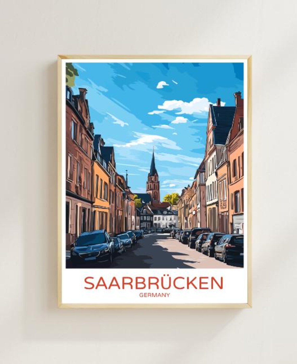 Saarbrucken Germany City Street Poster With Church Spire Blue Sky
