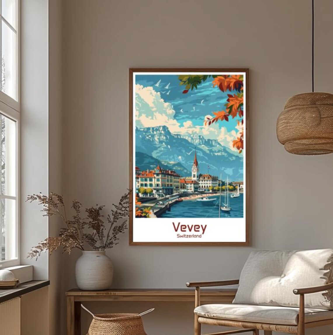 Vevey Switzerland Autumn Scenic Lakeside Village Travel Poster - Image 4