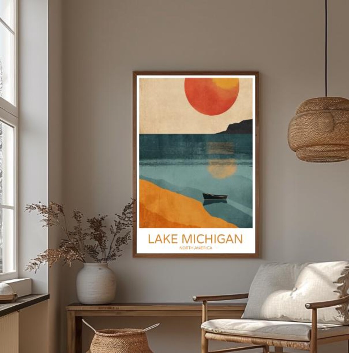 Golden Lake Michigan Sunset Boat Shoreline Nature Travel Poster - Image 3