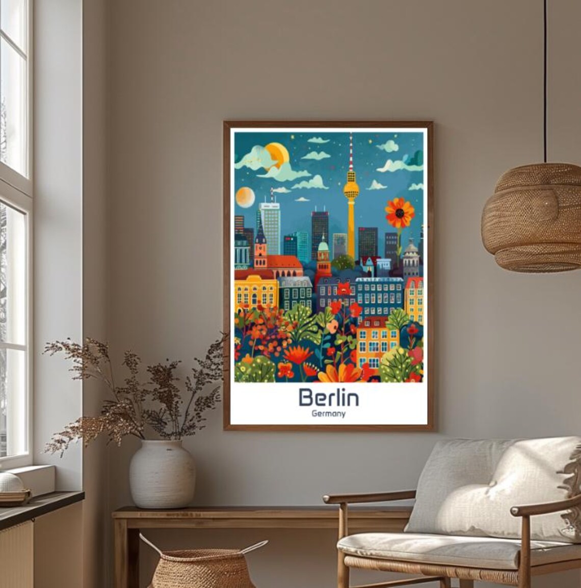 Berlin Germany Night Skyline TV Tower Floral Cityscape Poster - Image 4