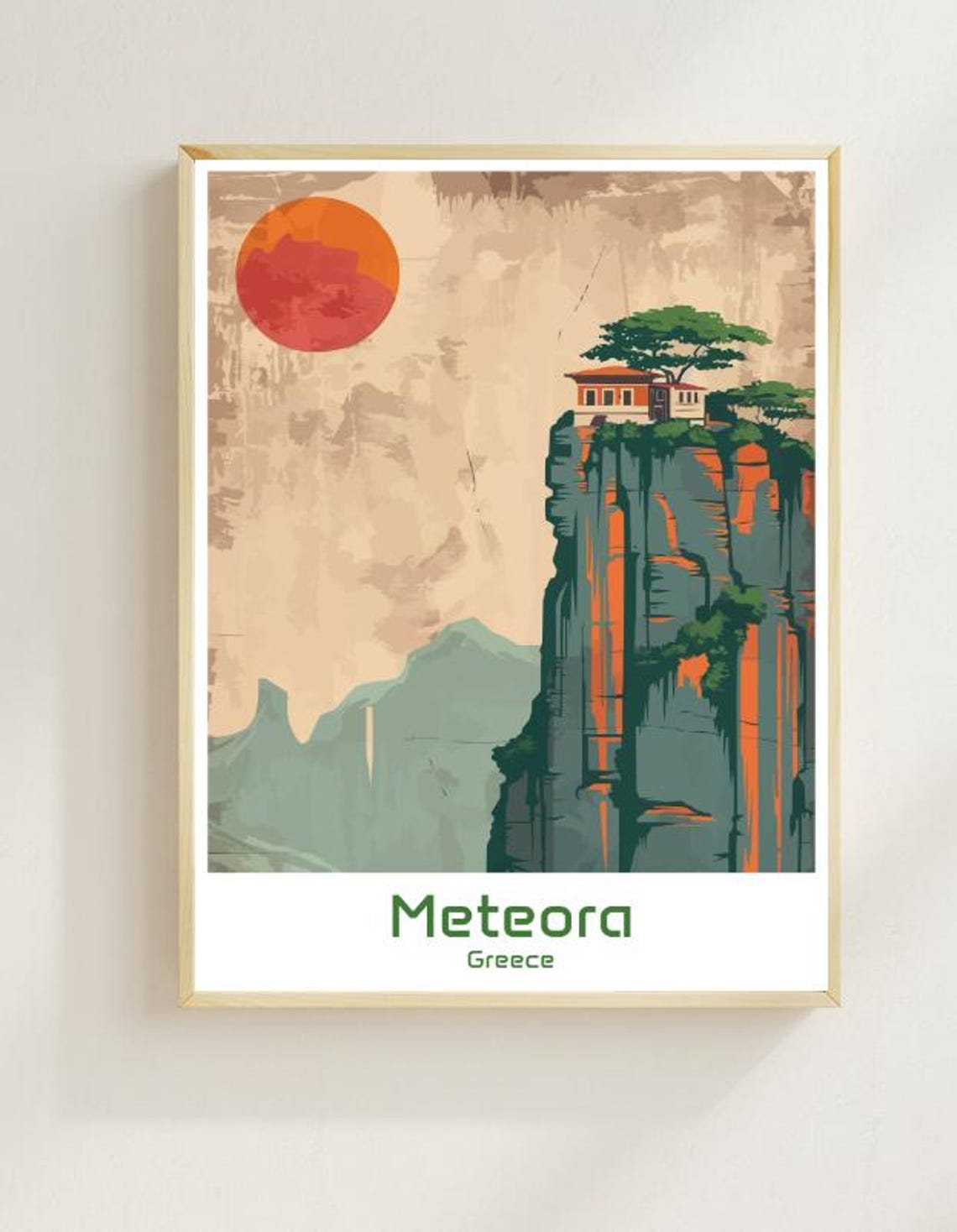 Meteora Greece Cliffside Monastery Red Sun Minimalist Poster