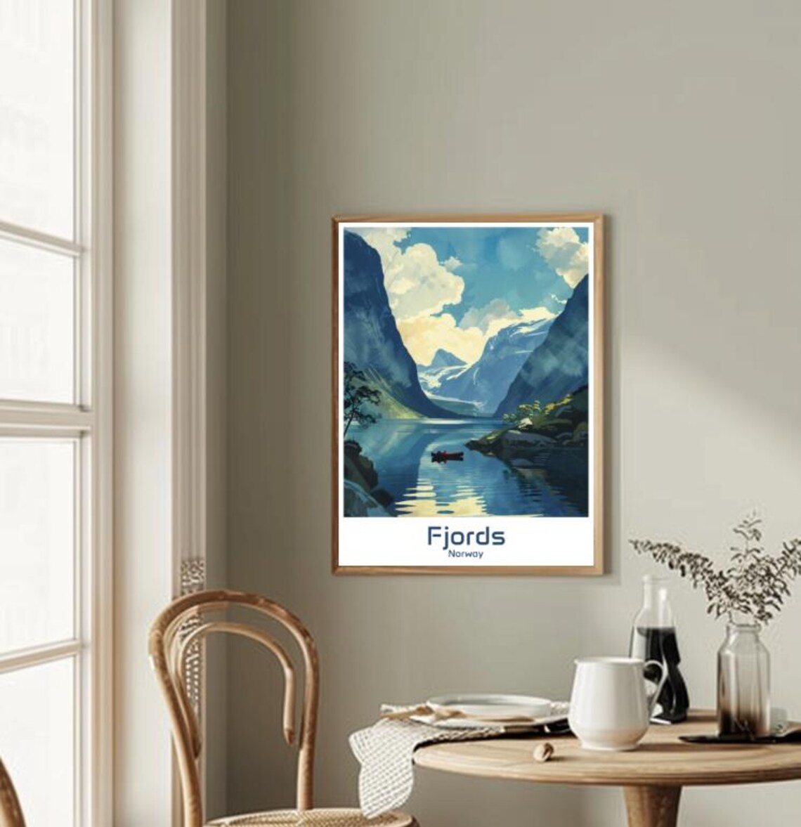 Fjords Norway Snowy Peaks Red Canoe Lake Vintage Travel Poster - Image 2