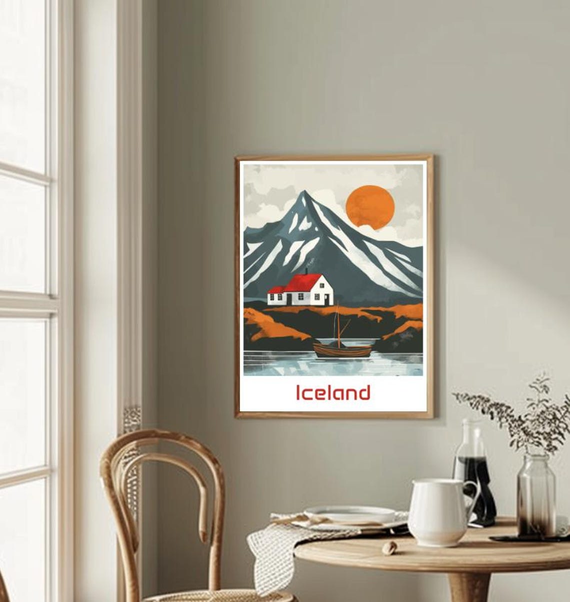 Iceland Red Roofed Cottage By The Sea Under Snowy Mountain Print - Image 2