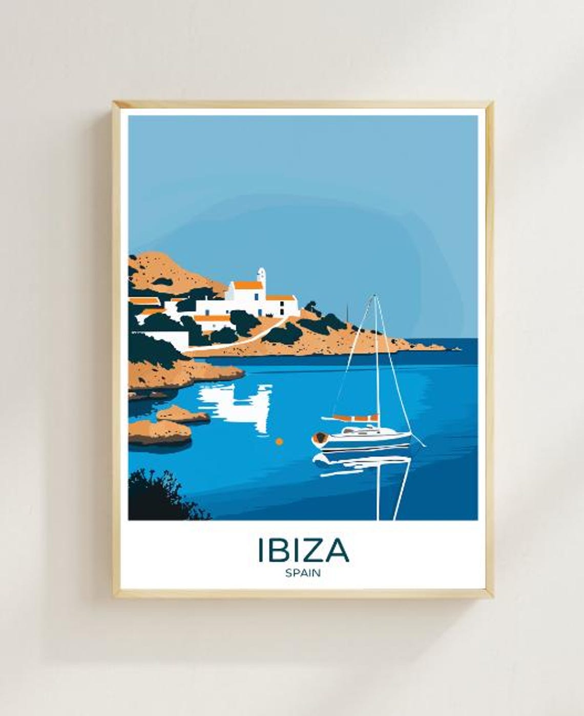 Ibiza Spain Whitewashed Chapel Cove Sailboat Retro Travel Poster