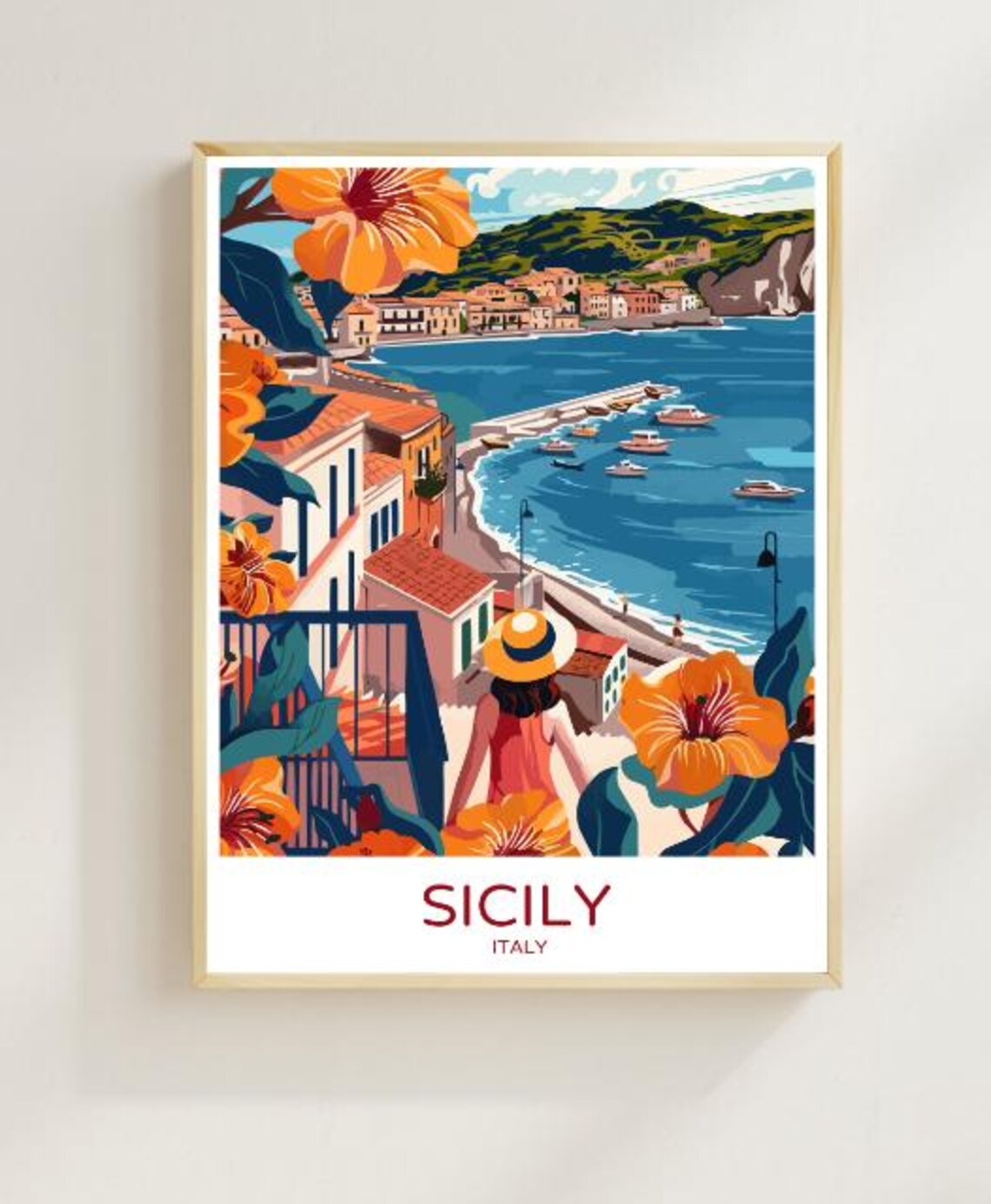 Sicily Italy Travel Poster Coastal Harbor Town Hibiscus Flowers View