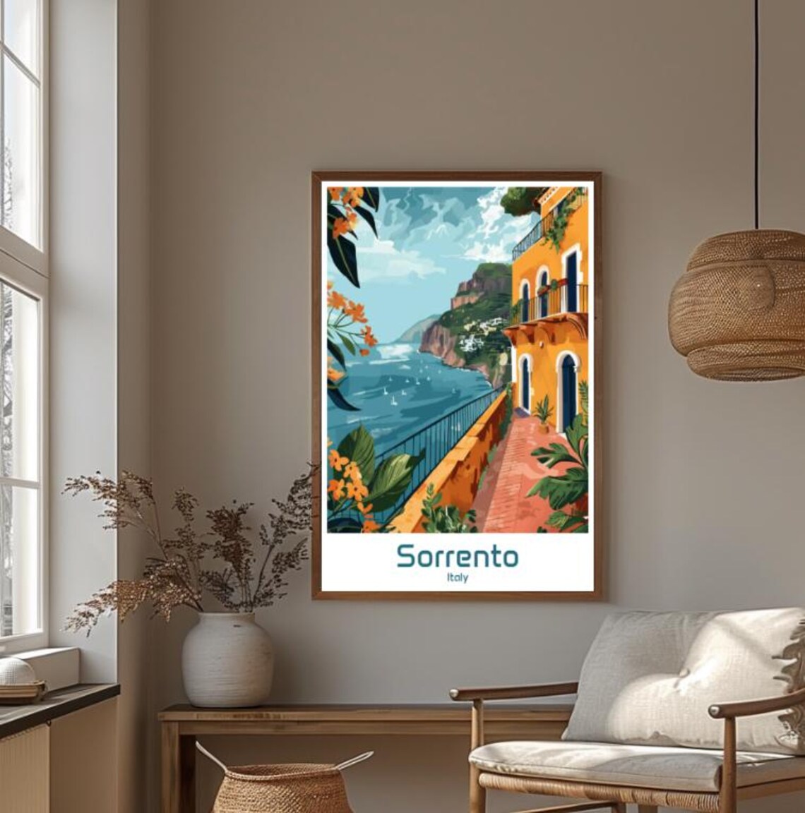 Charming Sorrento Italy Cliffside Terrace Blossom Sea View Poster - Image 4