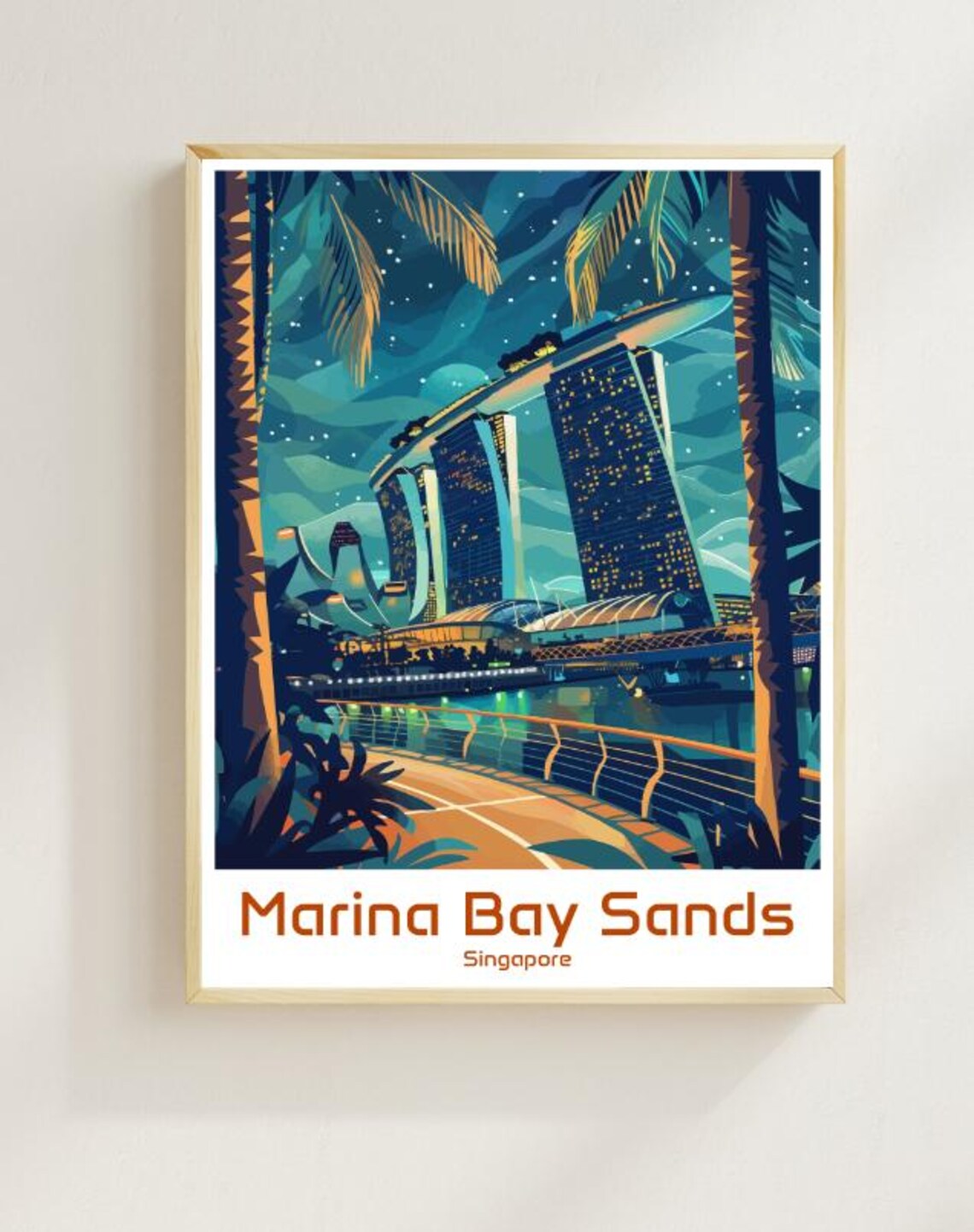 Marina Bay Sands Singapore Night Skyline Palms Iconic Travel Poster