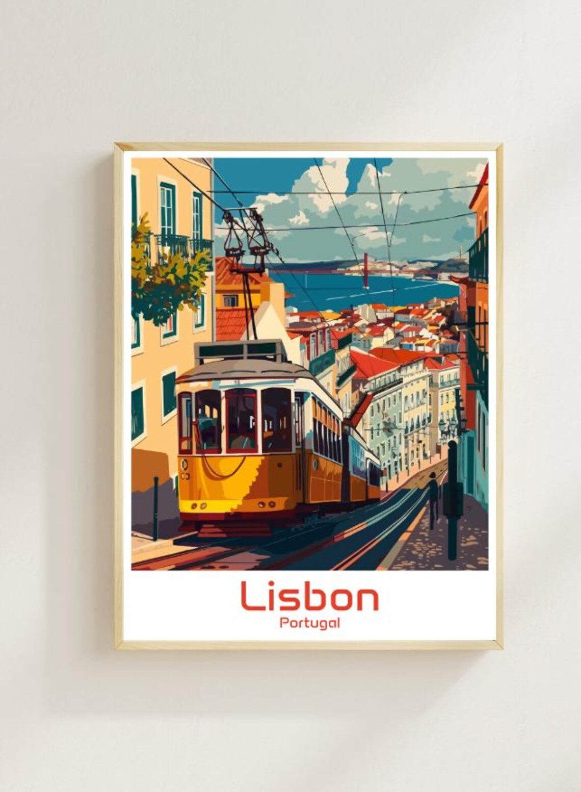 Lisbon Portugal Yellow Tram Climbing Steep Old Town Street Poster
